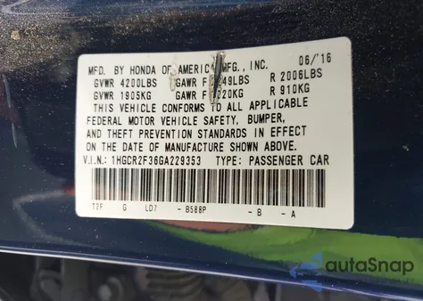 2016 Honda Accord Lx из США, поврежденный, VIN 1HGCR2F36GA229353